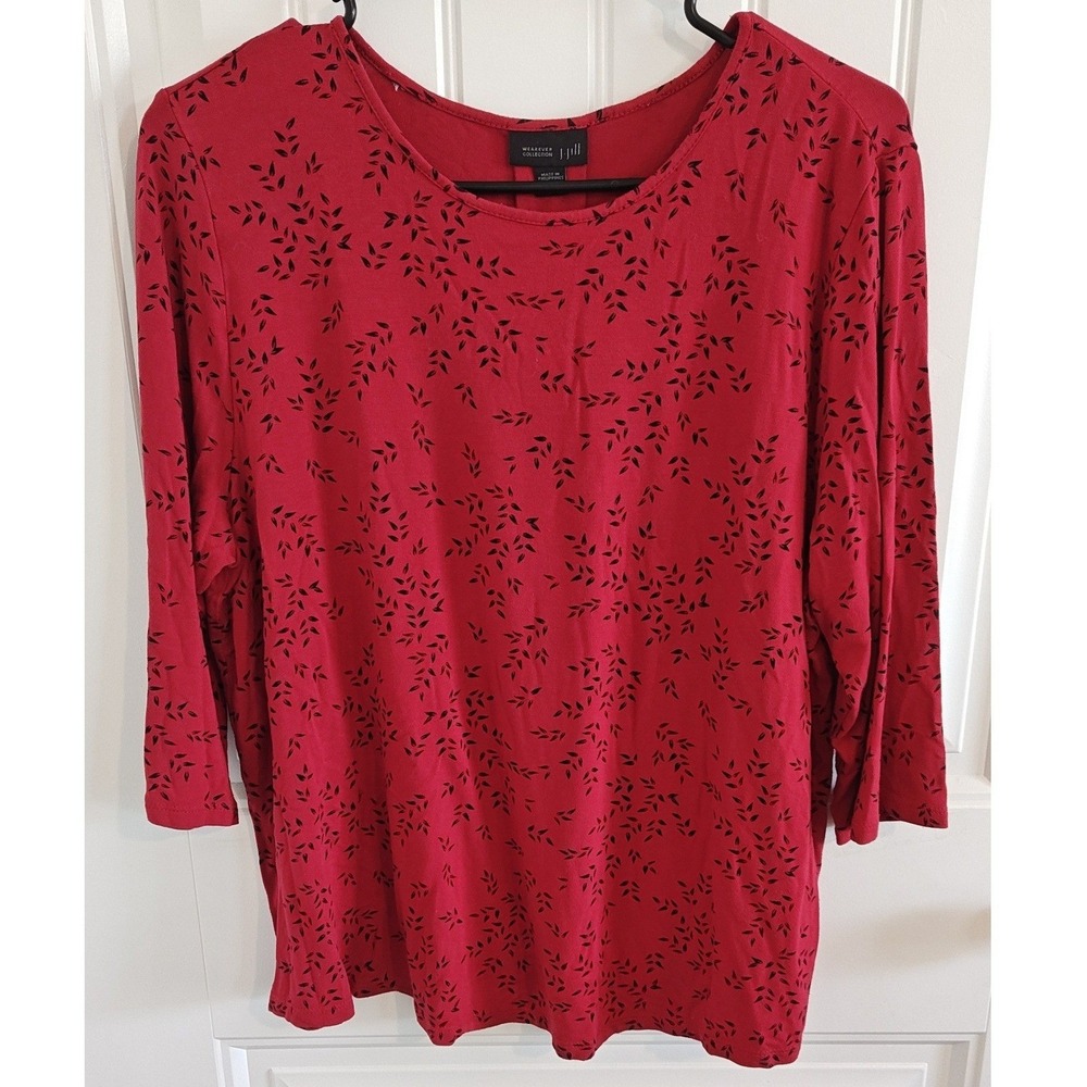 Women Large Petite J. Jill Wearever Red Leaf Print Top Shirt Casual Classic